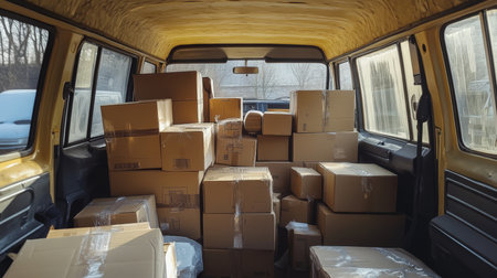 Numerous cardboard boxes stacked in the rear view of a van, indicating a busy transport loadの素材
