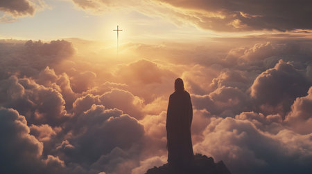 Divine vision jesus christ appearing in the clouds beneath a radiant cross in the skyの素材