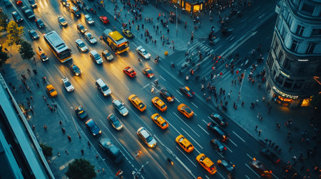 Lively urban landscape a diverse crowd navigates a modern city filled with bustling trafficの素材