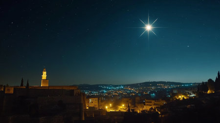 Radiant star above the nativity scene of Jesus Christ in Bethlehem s manger settingの素材