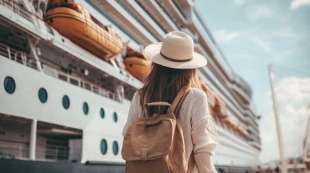 Confident female traveler poised for adventure in front of a stunning cruise ship at port.の素材