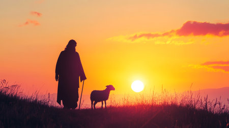 Silhouette of jesus christ the shepherd caring for a lost lamb with ample space for textの素材