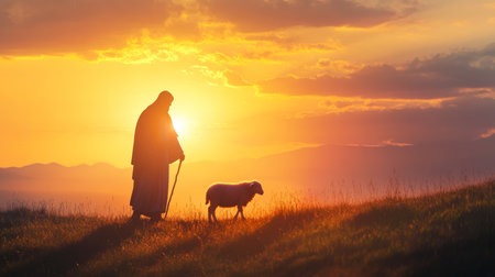 Silhouette of Jesus Christ as a shepherd caring for a lost lamb with ample copy space availableの素材