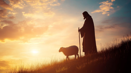Silhouette of shepherd Jesus Christ caring for a lost lamb with ample copy space in banner designの素材