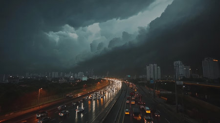 Dramatic scene of dark storm clouds over a rainy road amidst heavy rainfall and thunderの素材