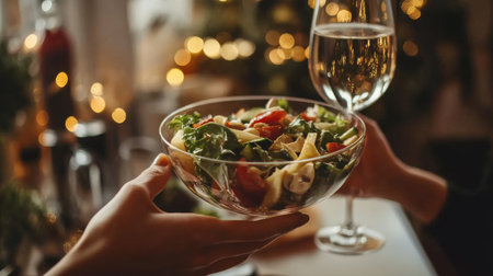 Woman reaches for a fresh vegetable salad in a bright kitchen for a wholesome meal experienceの素材
