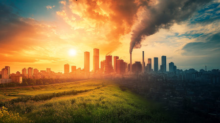 Contrasting nature's beauty with the impact of industrial pollution on climate changeの素材