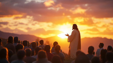 Jesus addresses a large crowd against a beautiful sunset background, spreading his teachingsの素材