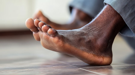 Close up of a man s feet highlighting serious complications from diabetes related foot issuesの素材