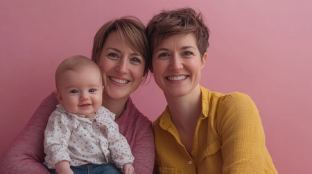 Happy lesbian couple tenderly holding their adorable baby against a soft pink background.の素材