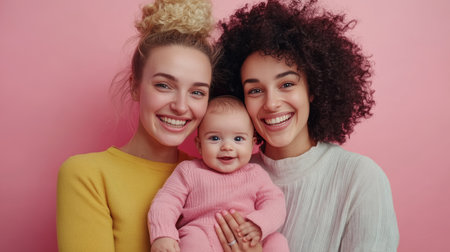 Joyful lesbian couple holding their adorable baby against a soft pink backdrop in photographyの素材