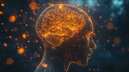 Illuminated brain a human head showcasing glowing neurons and neural connectivityの素材