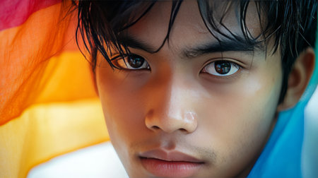 A portrait of a young Asian transgender teen embracing identity under a colorful flagの素材