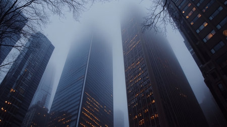 Misty city skyline with tall buildings peeking through the fog for a mysterious atmosphereの素材