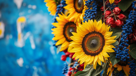 Vibrant sunflowers celebrating ukraine s independence day against a striking blue backdropの素材