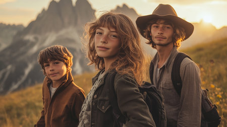 Family hiking adventure in the stunning Italian dolomites at sunset with tents and scenic viewsの素材