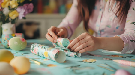Artistic workshop unrecognizable hands crafting unique easter gifts with creative flairの素材