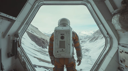 Astronaut observes vast window and enigmatic ship interior amidst a lonely galaxyの素材