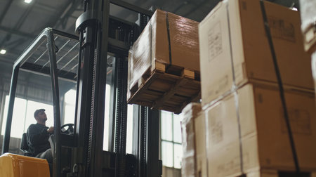 Close up of forklift lifting cargo with precision and strength, showing impressive capabilitiesの素材