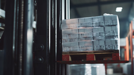 Precision forklift lifting cargo with strength a close up on impressive capabilitiesの素材