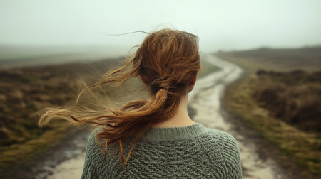 Double exposure of woman with flowing hair and a meandering path leading into the horizonの素材