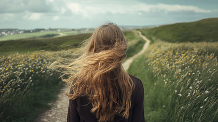 Double exposure of woman with flowing hair along a meandering path leading into the distanceの素材