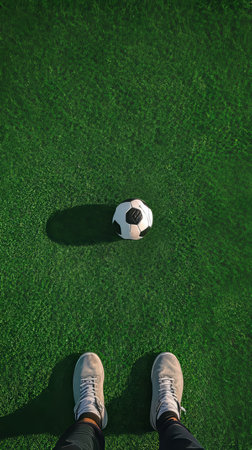 Dynamic soccer match player kicking ball on lush green field in sporty footwearの素材