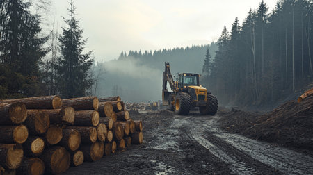 Logging equipment positioned next to neatly stacked wooden logs in a vibrant forest environmentの素材