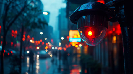 Nighttime city street security camera capturing blurred urban lights in the backgroundの素材