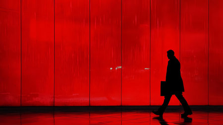 Mysterious silhouette of a man walking against a red wall in a crime scene settingの素材