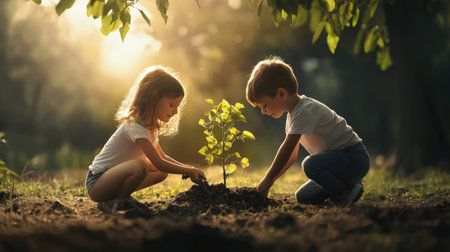Kids engaging in tree planting activities in a lush green forest and nature fieldの素材
