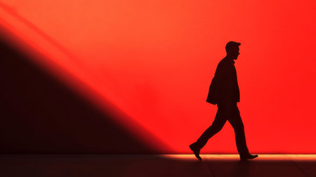 Mysterious silhouette of a man strolling by a vivid red wall in a crime scene atmosphereの素材