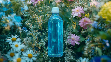 A tranquil water bottle amidst blossoms, capturing the essence of nature s beautyの素材