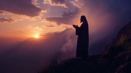 Silhouette of Jesus preaching on a mountain top a biblical gospel teaching sceneの素材