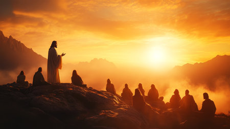 Silhouette of Jesus teaching his disciples on a mountain with sunset and misty atmosphereの素材