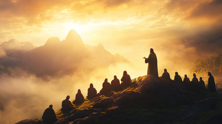 Silhouette of Jesus teaching disciples on mountain at sunset with hazy atmosphereの素材