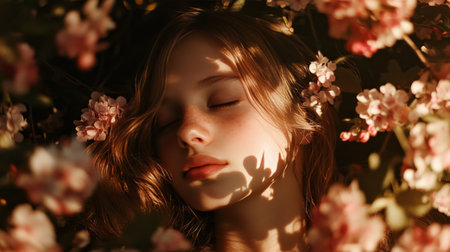 A young girl surrounded by vibrant, blooming flowers in soft, warm natural sunlightの素材