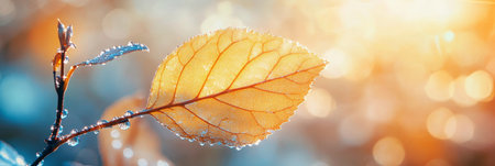 Sunlight illuminates a leaf adorned with sparkling dew drops in a serene natural settingの素材