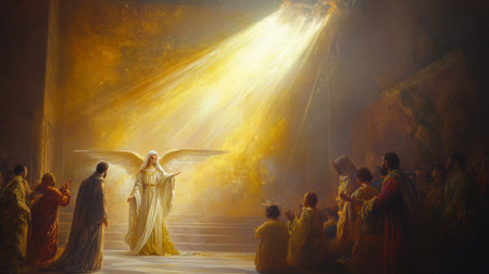 The annunciation angel gabriel brings god s divine message to mary in radiant lightの素材
