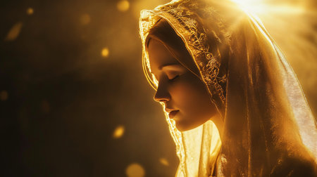 Mother mary bathed in divine light, engaged in a silent prayer of faith and graceの素材