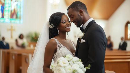 Wedding ceremony bride and groom standing together at the altar in a beautiful church settingの素材