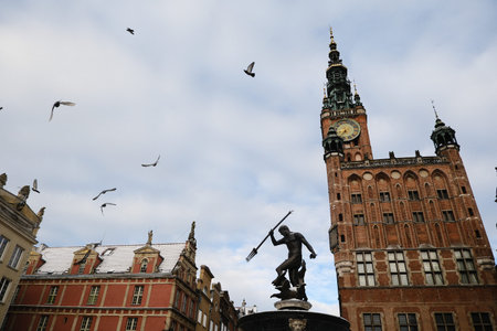 Historic architecture and birds in the sky at a city square in Gdansk, Poland during early winter