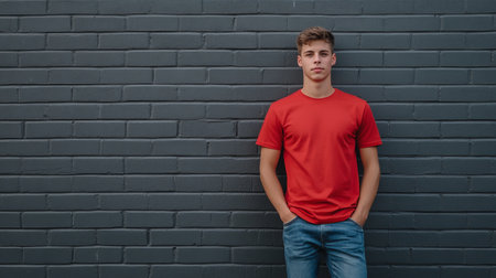 Photogenic young man in casual red t shirt and jeans ready for print advertisement designの素材