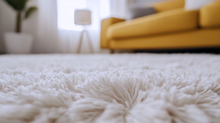 Close up of a soft white fluffy carpet rug in a living room with a blurred sofa backgroundの素材