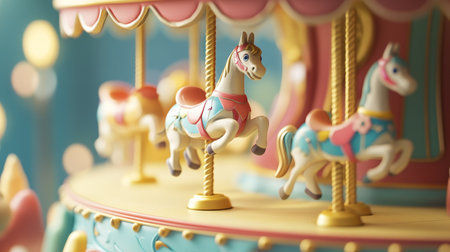 Close up view of a vintage children s carousel with colorful horses and whimsical designの素材