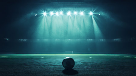 Classic soccer ball glowing under bright stadium lights creating an energetic atmosphereの素材