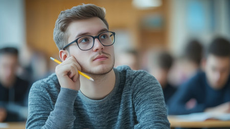 Focused student contemplatively holding pencil in examination hall with an engaged atmosphereの素材