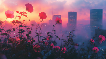 Colorful flowers flourishing in a cityscape at sunrise, capturing urban beauty and natureの素材