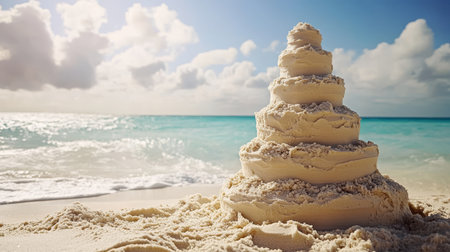 Elegant sand wedding cake on tropical beach, celebrating love and blissful moments togetherの素材