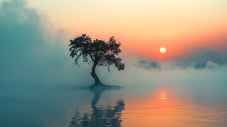A lonely tree silhouetted by smoke at sunset, capturing a moment of serene solitudeの素材